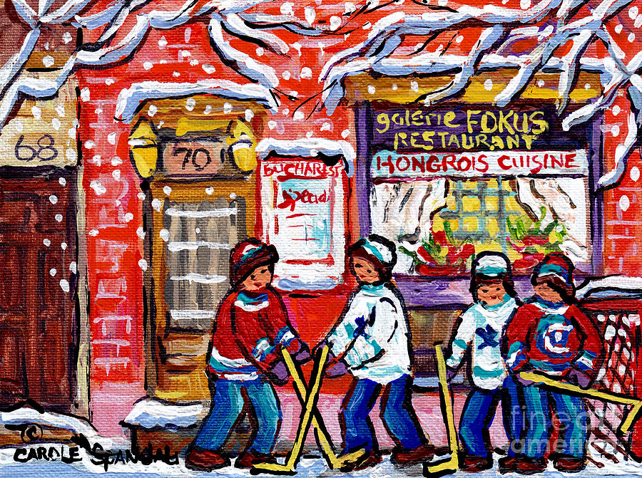 Rue Mont Royal Galerie Fokus Restaurant Montreal Snowy Day Street Hockey Art Canadian Scene Cspandau Painting by Carole Spandau