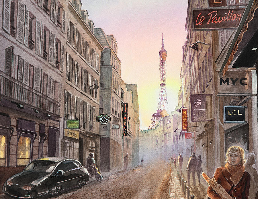Rue Saint Dominique Paris France View On Eiffel Tower Sunset Painting by Irina Sztukowski