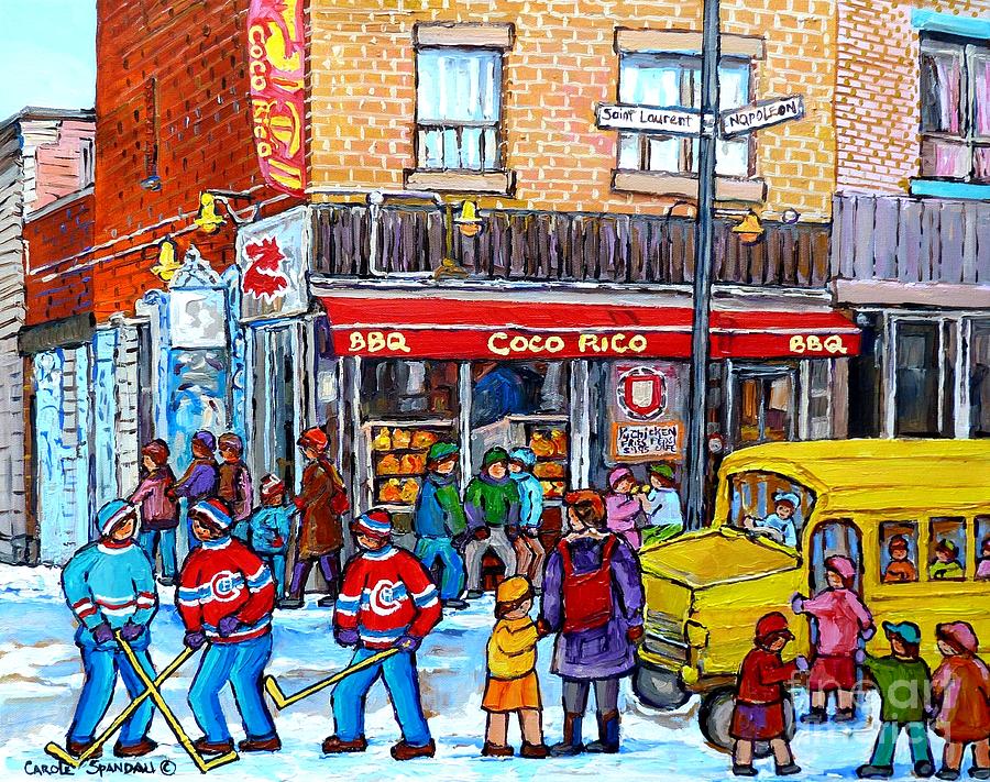 Rue St Laurent Corner Napoleon Coco Rico Bbq Montreal Winter Scene After School Hockey C Spandau Painting by Carole Spandau