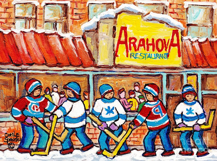 Rue St Viateur Winterscene Painting For Sale Montreal Art Street Hockey Game Arahova Resto C Spandau Painting by Carole Spandau