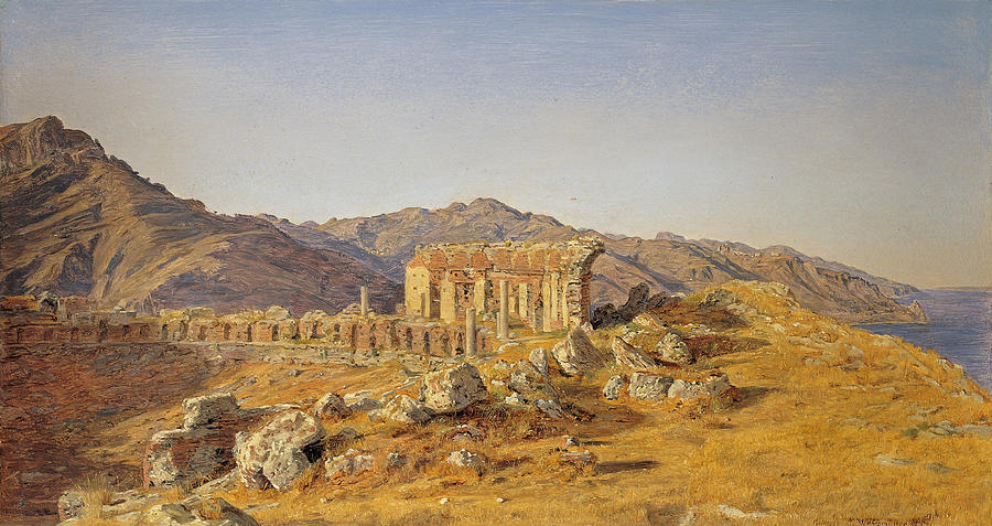 Ruines of the Greek Theater in Taormina towards the Straits of Messina Painting by Ferdinand Georg Waldmueller