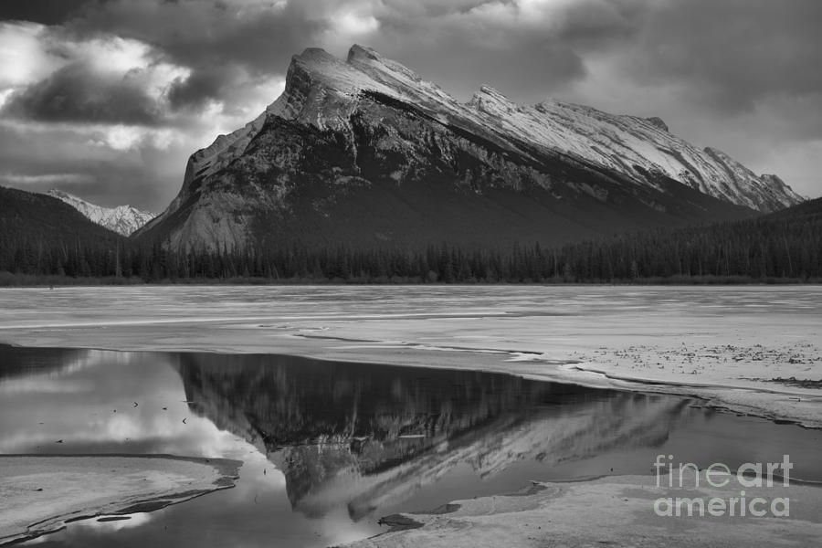 Rundle Reflections Between The Ice Black And White Photograph by Adam Jewell