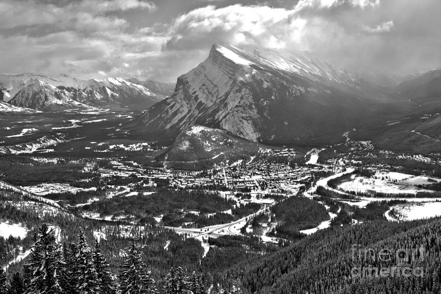 Rundle Towering Over The Town Of Banff Black And White Photograph by Adam Jewell