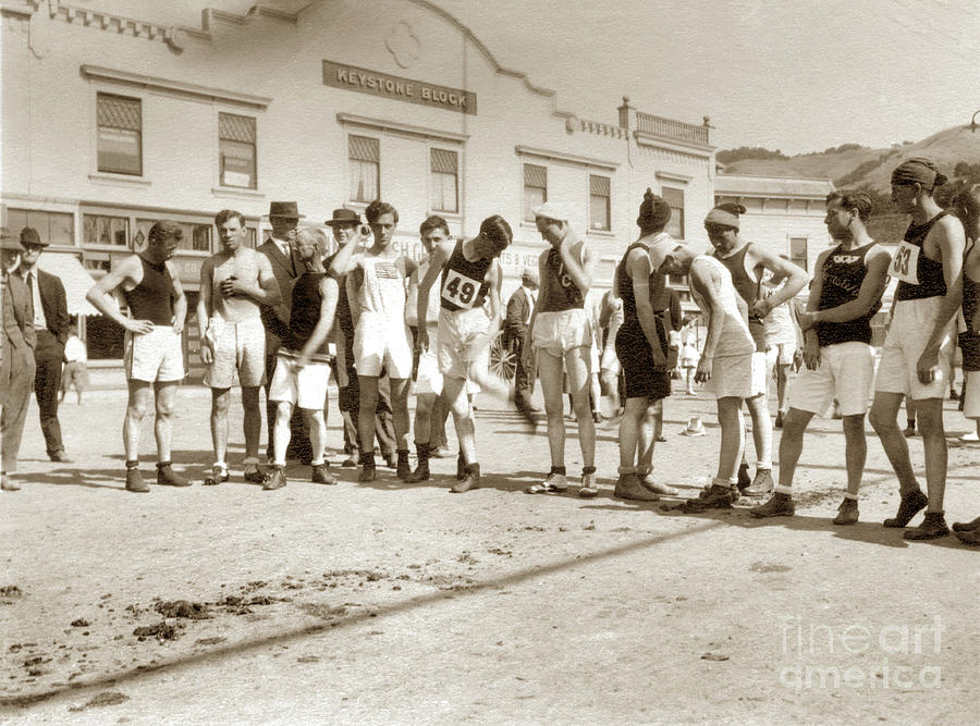 Runners Photograph - Runners  in downtown Mill Valley was the start of the Dipsea Race by Monterey County Historical Society