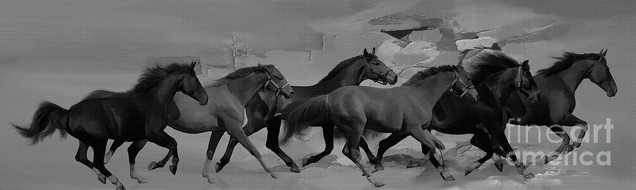 Running Horses bw 098 Painting by Gull G