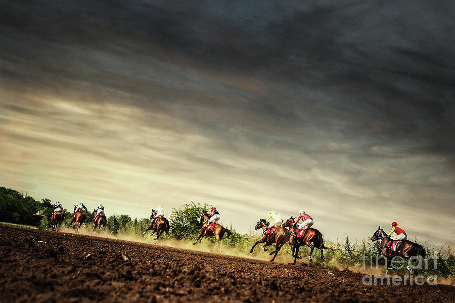 Horse Photograph - Running horses competition on the stormy sky by Dimitar Hristov