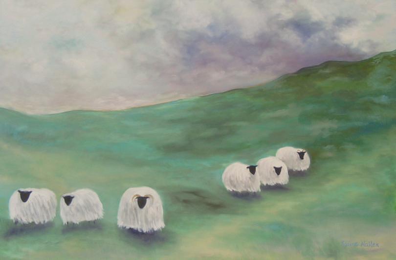 Sheep Painting - Running of the Sheep by Elaine Cummins