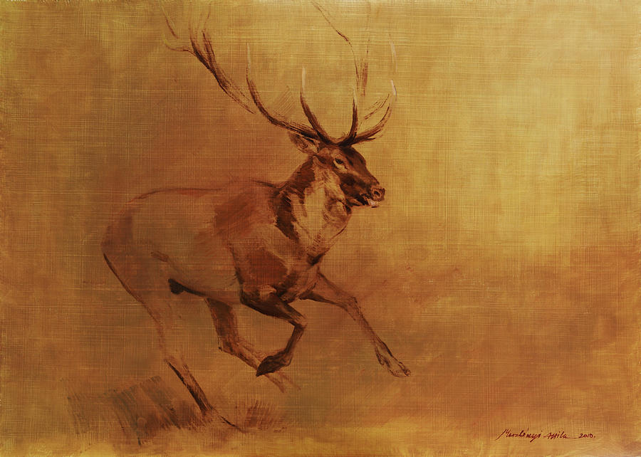 Running Stag Painting by Attila Meszlenyi