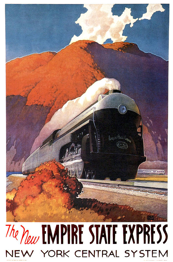 Vintage Painting - Running steam train, vintage travel poster by Long Shot