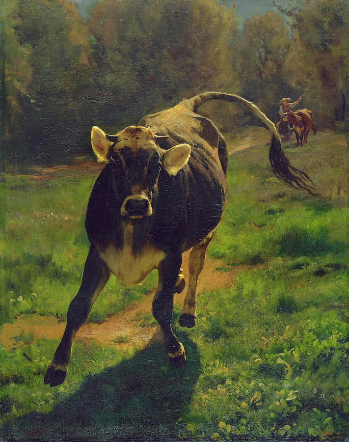 Runnnig Calf Painting by Rudolf Koller