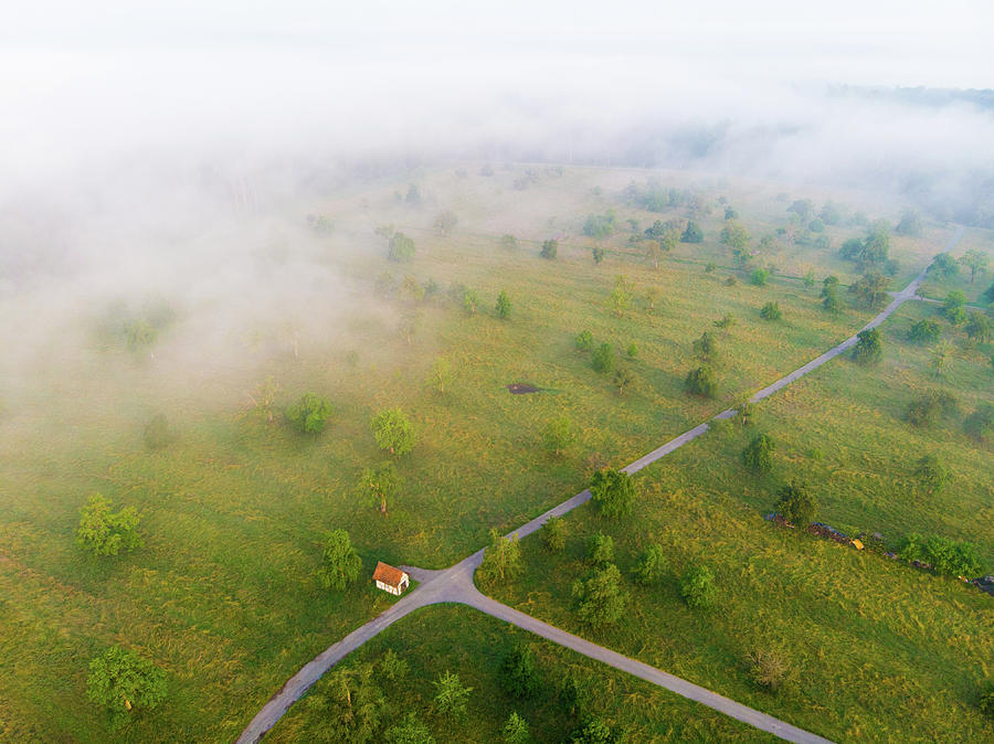 Rural Landscape With Morning Fog Aerial View Photograph