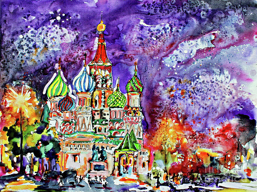 Russia Saint Basil Cathedral Watercolor and Ink Painting Painting by Ginette Callaway