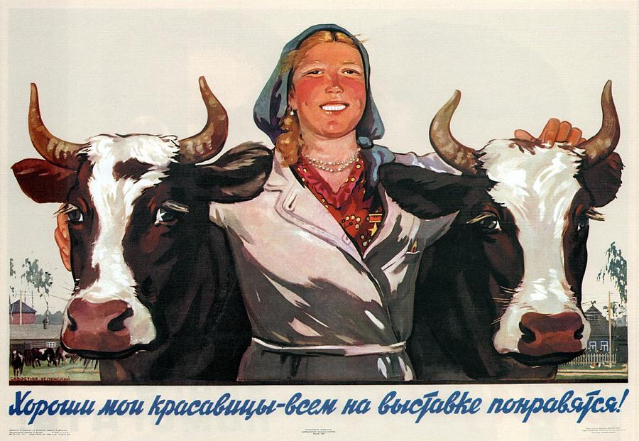 Cow Mixed Media - Russian Countrygirl with her Cows - Vintage Russian Advertisement by Studio Grafiikka