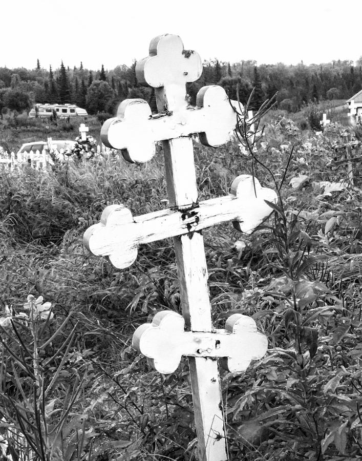 Black And White Photograph - Russian Orthodox Grave Marker No. 3 BW by Phyllis Taylor