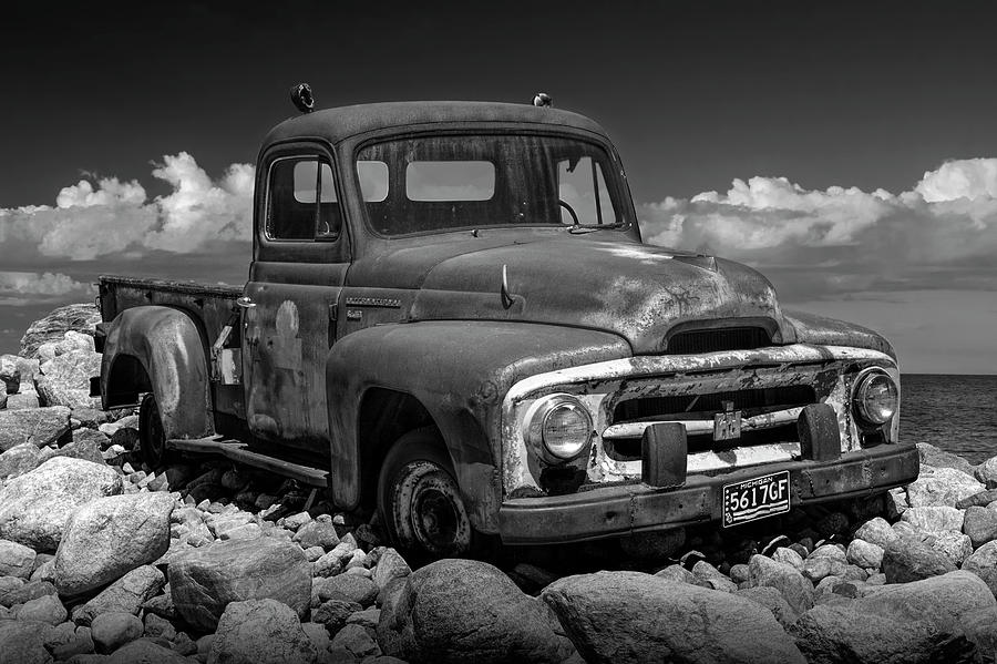 Rusted International Harvester Pickup Truck in Black and White Photograph by Randall Nyhof