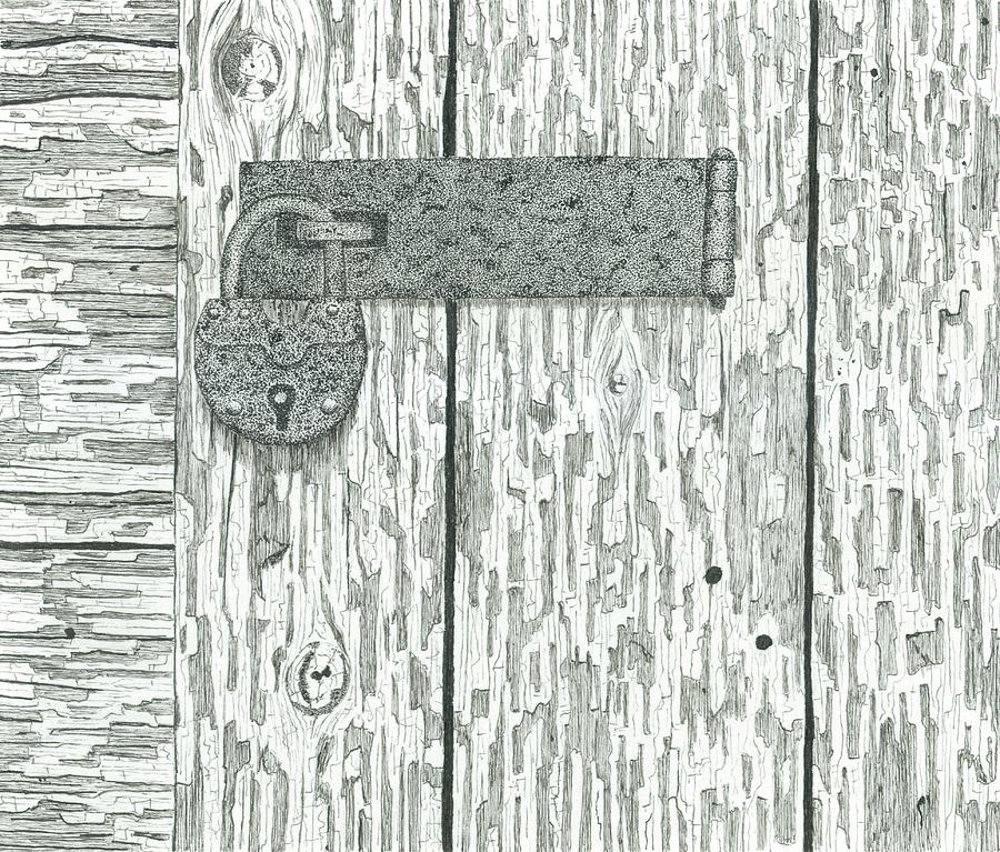 Barn Drawing - Rusted lock and latch by Ed Einboden