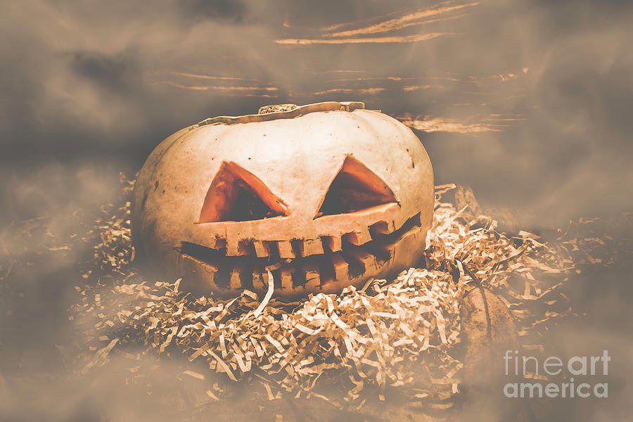 Rustic barn pumpkin head in horror fog Photograph by Jorgo Photography