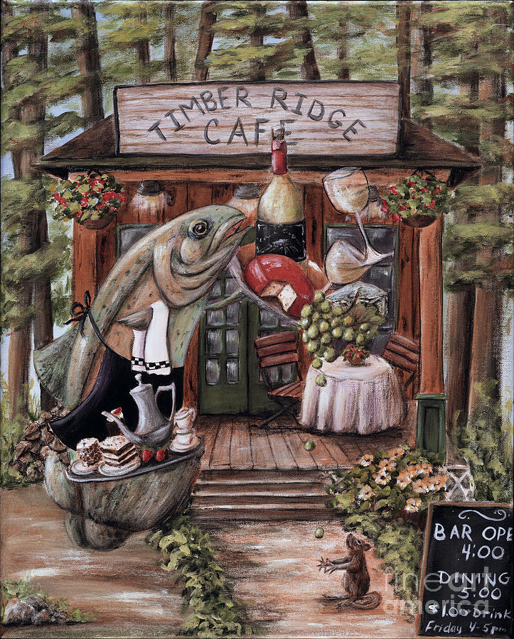 Rustic Cabin Kitchen - White Wine and Fish Painting by Debbie Cerone
