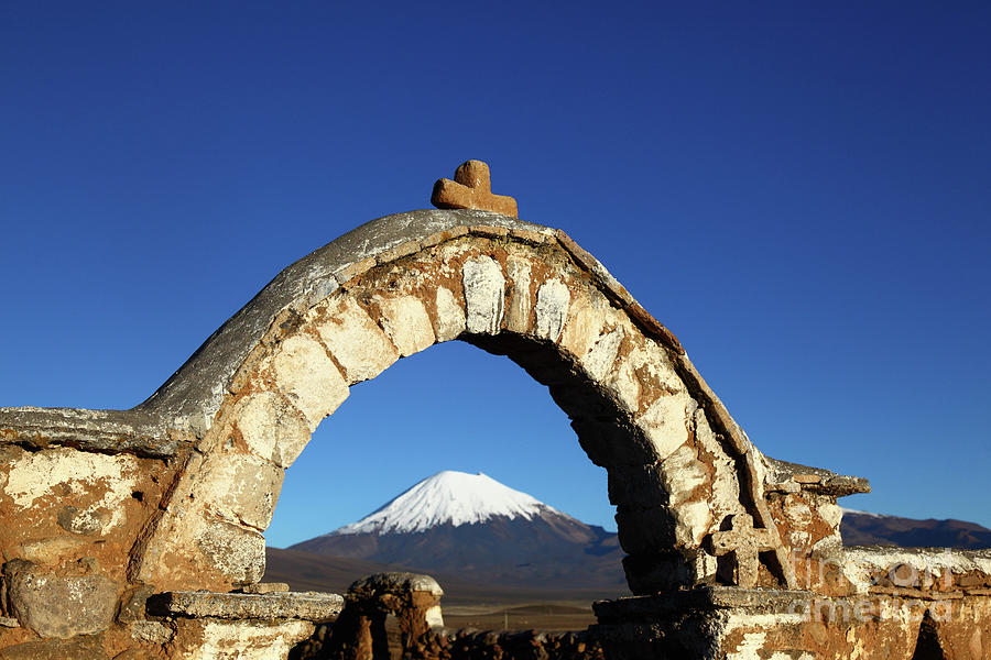 Rustic Church Entrance Archway and Parinacota Volcano Bolivia Photograph by James Brunker