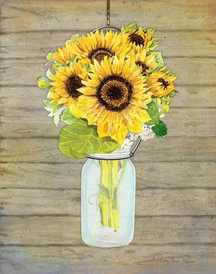 Rustic Country Sunflowers in Mason Jar Painting by Audrey Jeanne ...