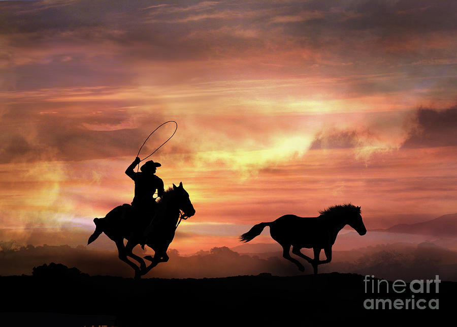Rustic  Country Western Cowboy and Wild Horse Silhouette Photograph by Stephanie Laird