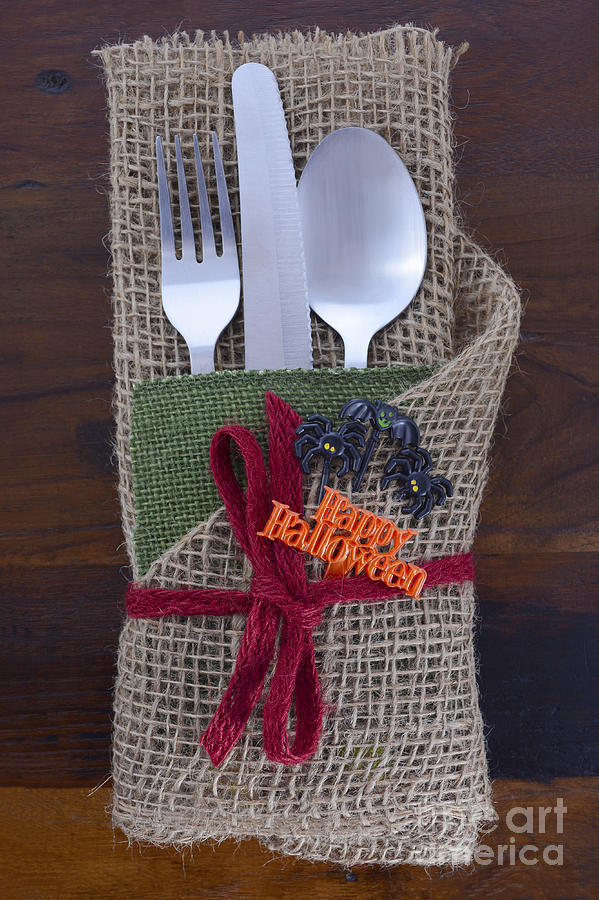 Rustic Halloween Table Place Setting.  Photograph by Milleflore Images