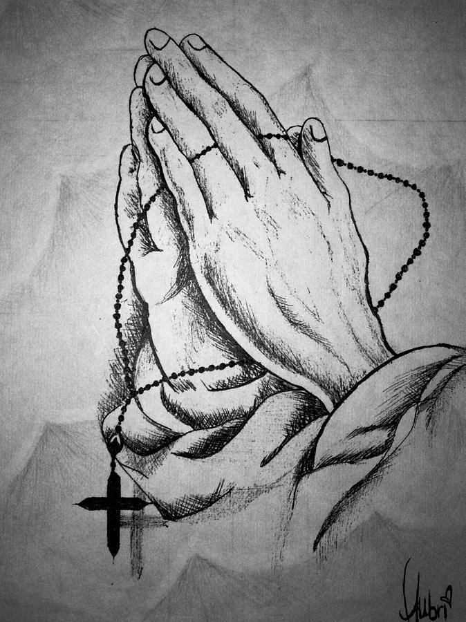 Praying Hands Drawing - Rustic Rosary by Aubrianna Wockenfuss