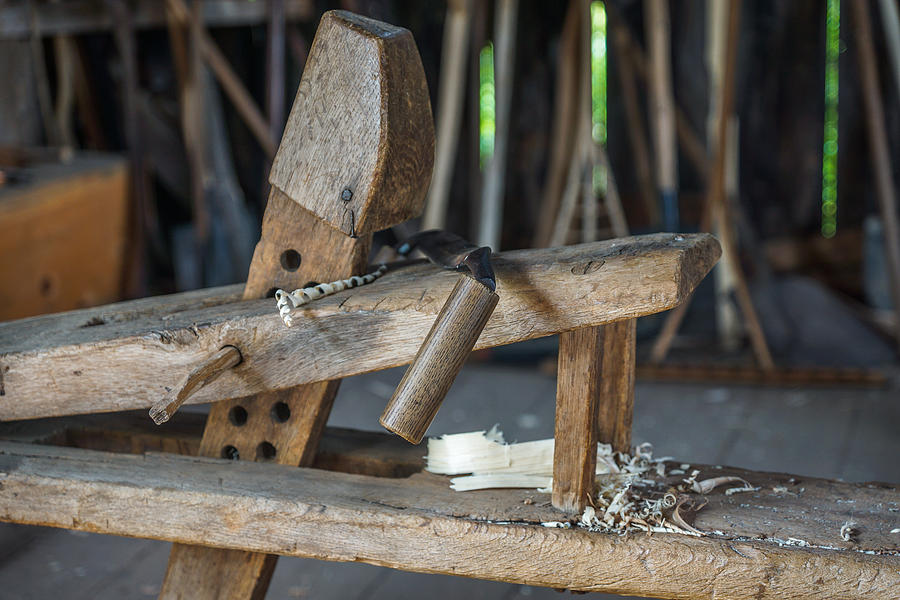 Rustic Shaving horse and draw knife Photograph by Chris Bordeleau