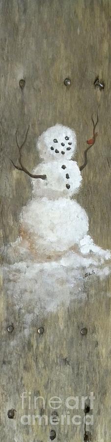 Rustic Snowman and Little Red Bird, a Warm Friendship Painting by Sheri Lauren