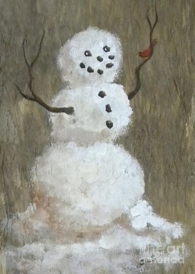 Rustic Snowman and Little Red Bird, a Warm Friendship, Small crop Painting by Sheri Lauren