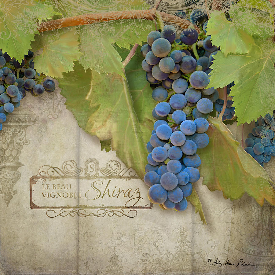 Rustic Vineyard - Shiraz Wine Grapes over Stone Painting by Audrey Jeanne Roberts