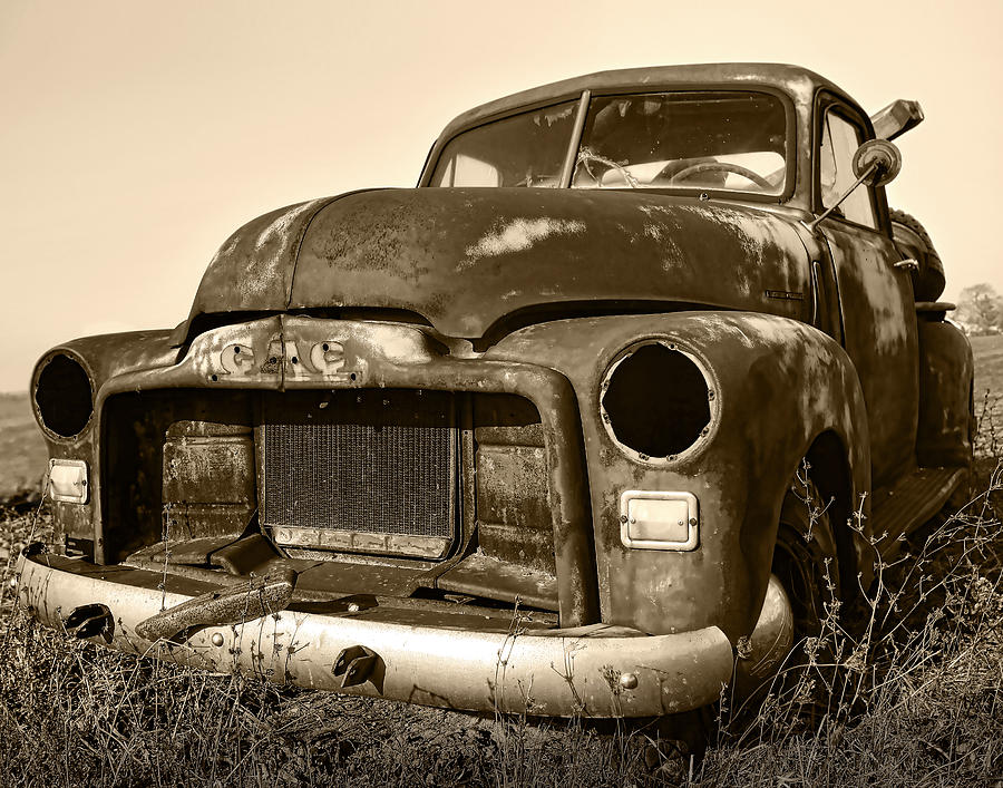 Up Movie Photograph - Rusty But Trusty Old GMC Pickup Truck - Sepia by Gordon Dean II