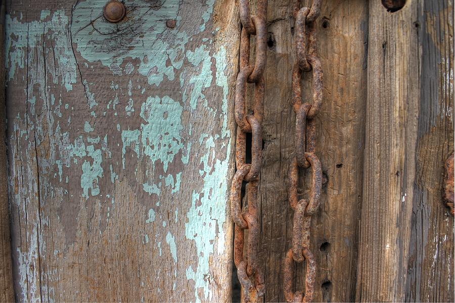 Rusty chain barn wood teal turquoise peeling paint Photograph by Jane Linders