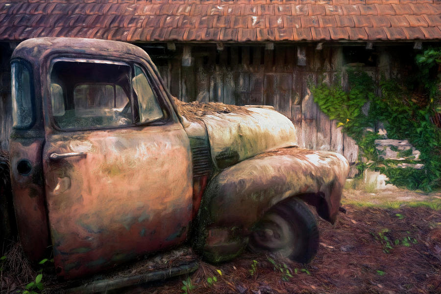 Rusty Chevy Pickup Truck at the Barn Oil Painting Photograph by Debra and Dave Vanderlaan
