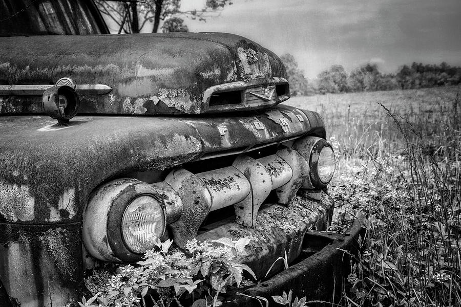 Rusty Ford in the Country Black and White Photograph by Debra and Dave Vanderlaan
