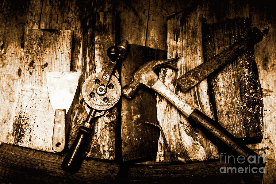 Rusty Old Hand Tools on Rustic Wooden Surface Photograph by Jorgo Photography