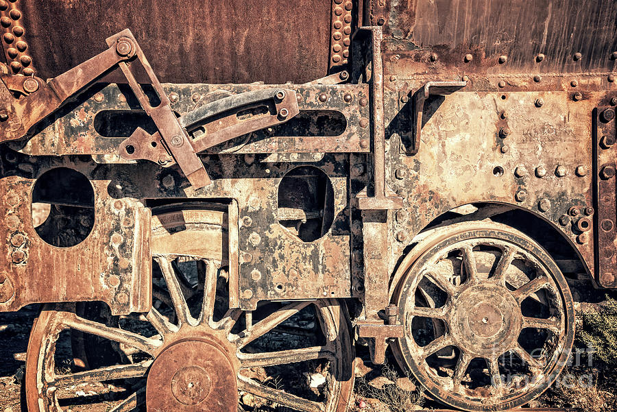 Steampunk, rusty train wheels Photograph by Delphimages Photo Creations