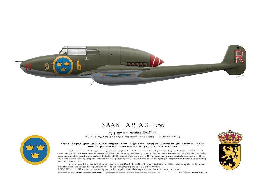 Airplane Digital Art - Saab A 21 A-3 - 21364 - Side Profile View by Ed Jackson