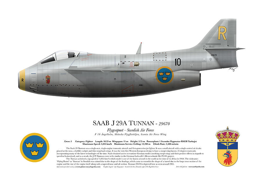 Airplane Digital Art - Saab J 29A Tunnan - 29670 - Side Profile View by Ed Jackson
