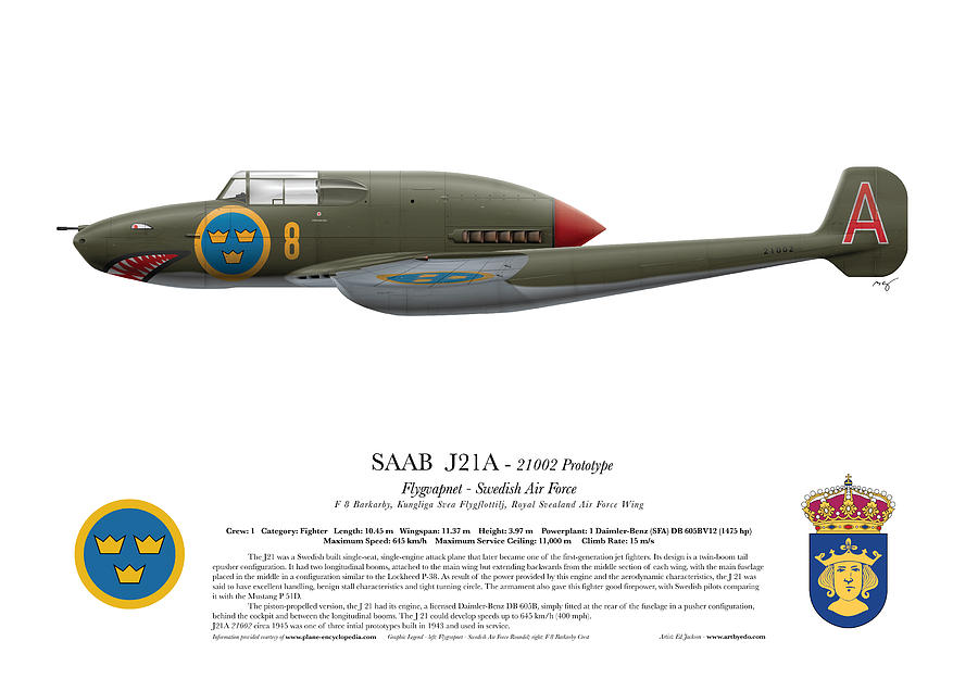 Airplane Digital Art - Saab J21 A - Prototype - Side Profile View by Ed Jackson