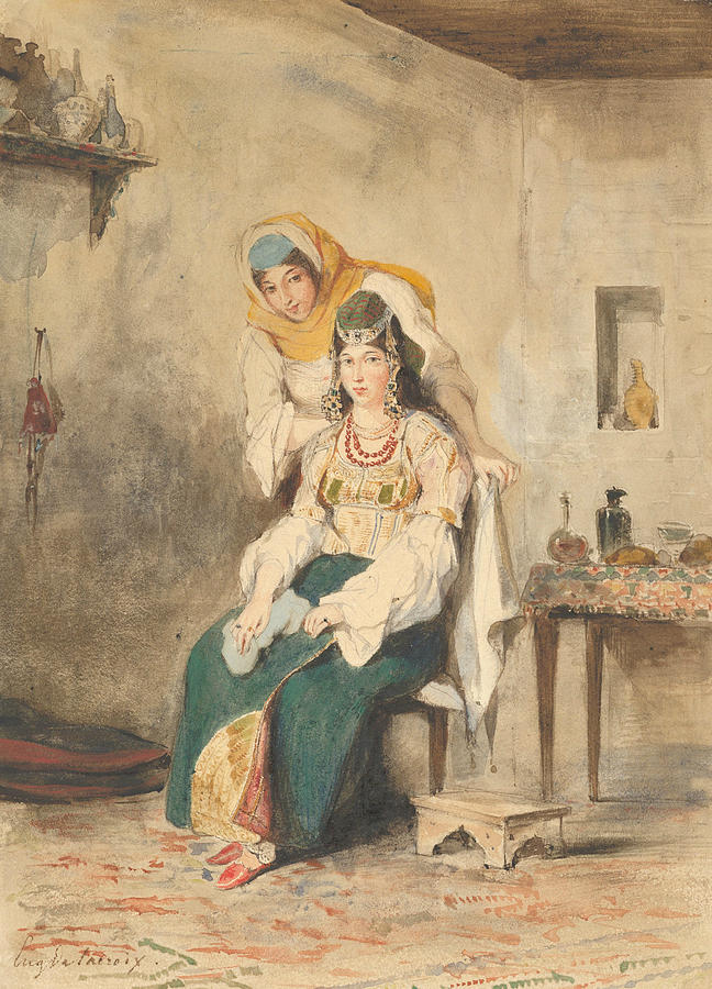 Saada, the Wife of Abraham Ben-Chimol, and Preciada, One of Their Daughters Drawing by Eugene Delacroix