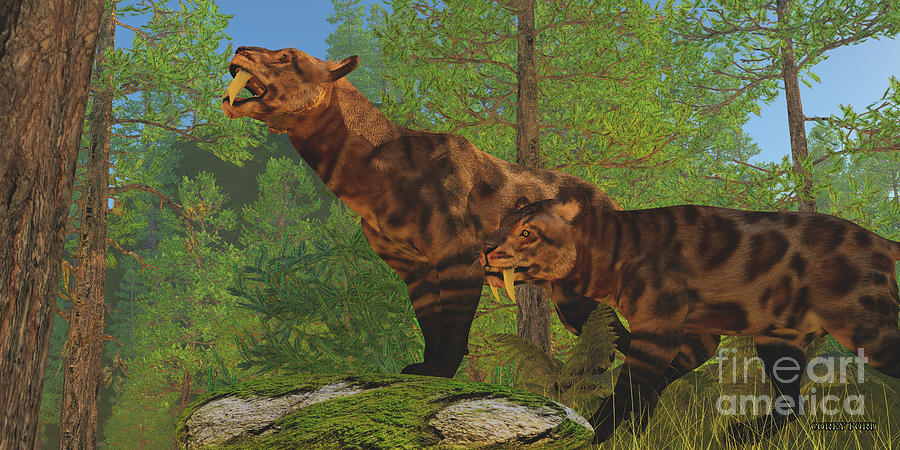 Saber-Toothed Cat Forest Painting by Corey Ford