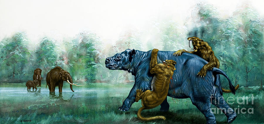 Jurassic Park Painting - Sabre toothed tigers  Prehistoric Animals by David Nockels