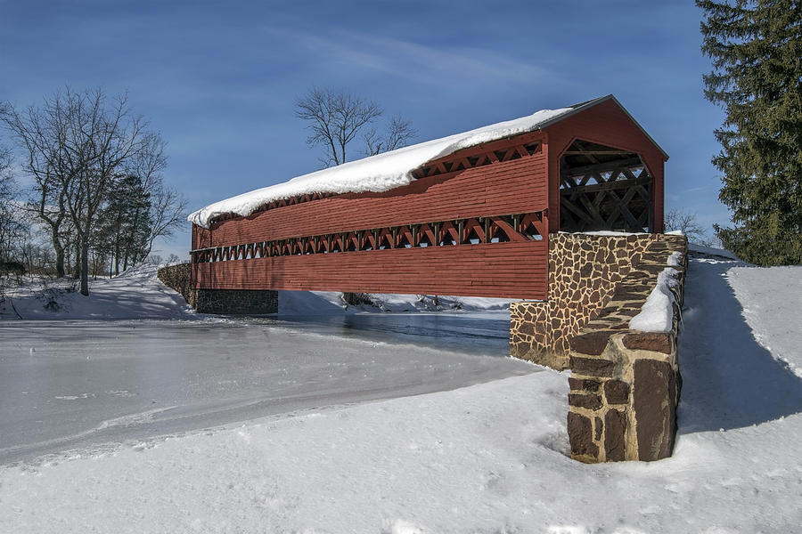 Sachs Covered Bridge in the winter. Photograph by Dave Sandt