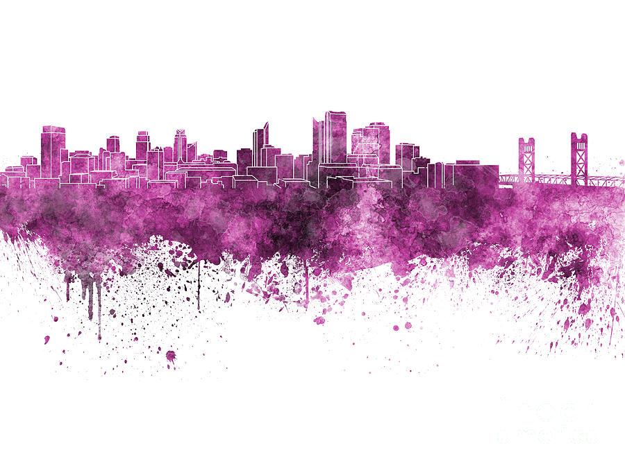 Sacramento skyline in pink watercolor on white background Painting by