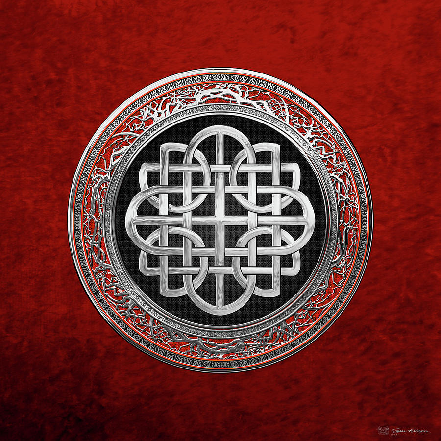 Sacred Celtic Silver Knot Cross over Red Velvet Digital Art by Serge Averbukh