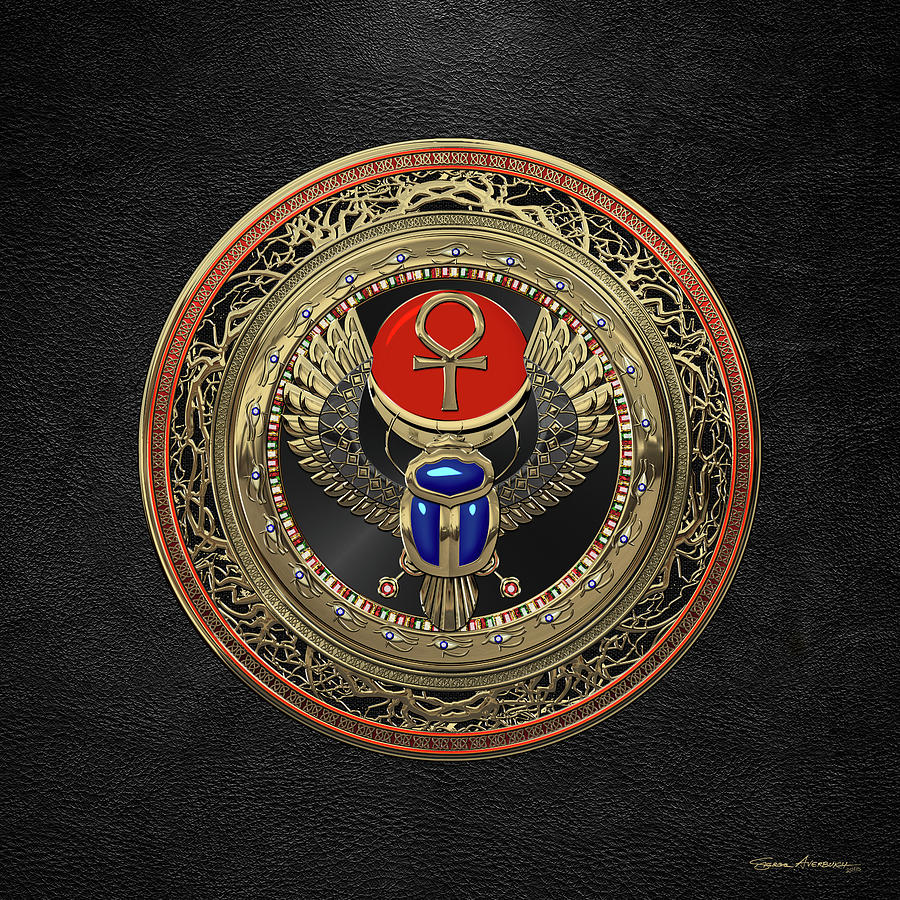 Sacred Egyptian Winged Scarab with Ankh in Gold and Gems over Black Leather  Digital Art by Serge Averbukh