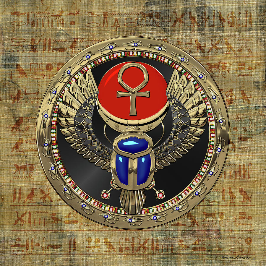 Sacred Egyptian Winged Scarab with Ankh in Gold and Gems over Papyrus Covered with Hieroglyphics Digital Art by Serge Averbukh