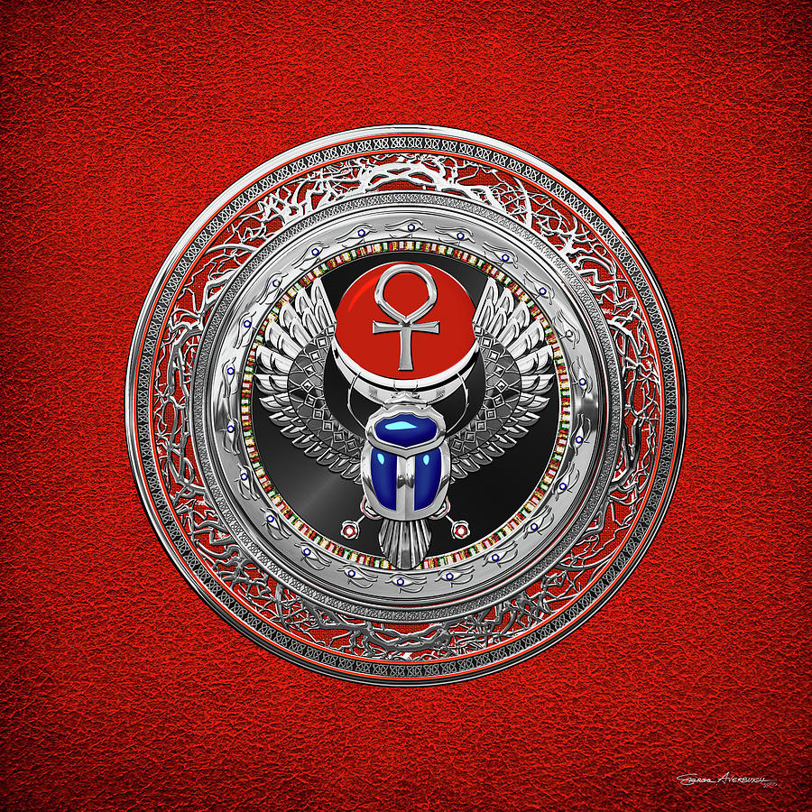Sacred Egyptian Winged Scarab with Ankh in Silver and Gems over Red Leather  Digital Art by Serge Averbukh