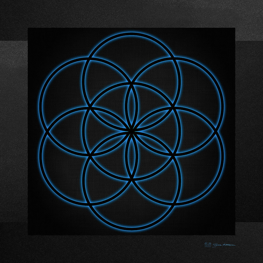 Sacred Geometry - Black Flower of Life - Seed of Life with Blue Halo over Black Canvas Digital Art by Serge Averbukh